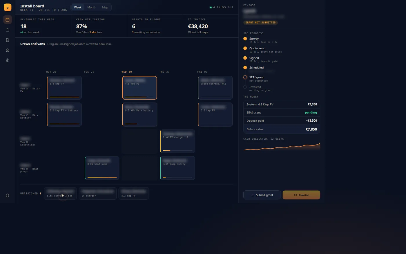 EOS install board: crews, vans, grants in flight and money to invoice